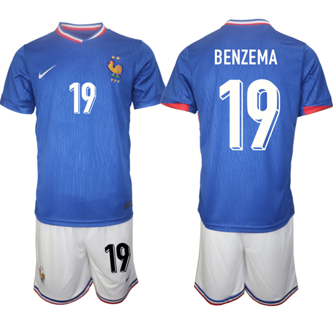 Men's France #19 Karim Benzema Blue 2024-25 Home Soccer Jersey Suit